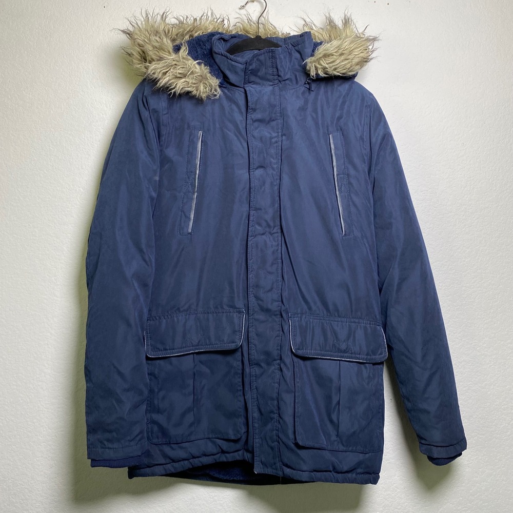 London Basic Women Small Navy Hooded Parka Jacket Faux Fur Trim Sherpa Lined